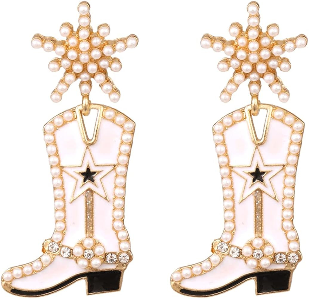 Cowgirl Boot Earrings Beaded Cowboy Boot Dangle Earrings Snowflower Earrings Cute Drop Earrings W... | Amazon (US)