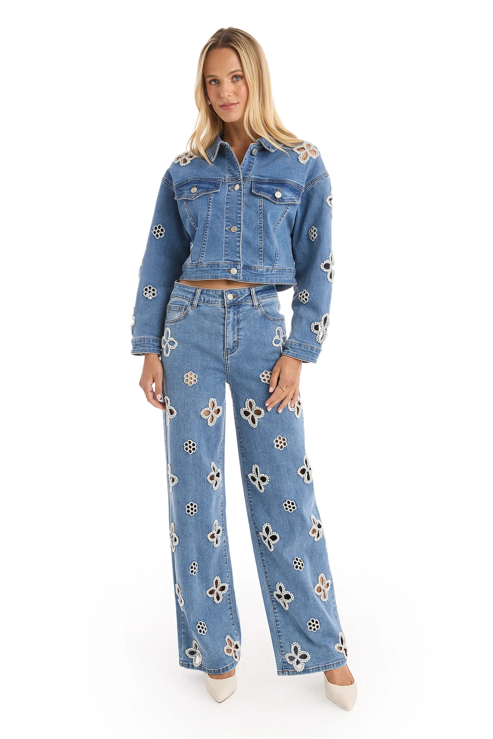 Kaia Pearl Jean Jacket - Medium Blue | The Noli Shop