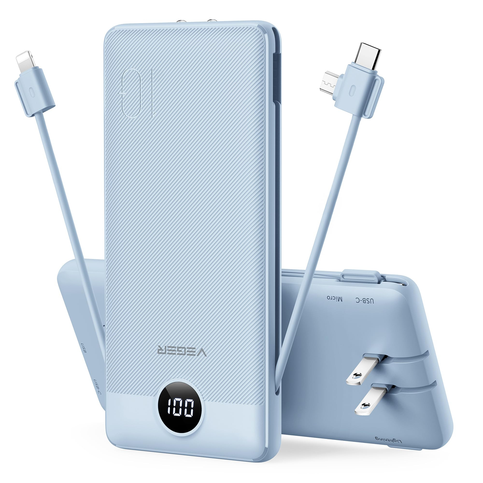 Amazon.com: VEGER Portable Charger with Built-in AC Plug and Cables, All in One 10000mAh Ultra Slim Power Bank Travel Essentials, Fast Charging Battery Pack Compatible with iPhone, Samsung, Android (Blue) : Cell Phones & Accessories | Amazon (US)