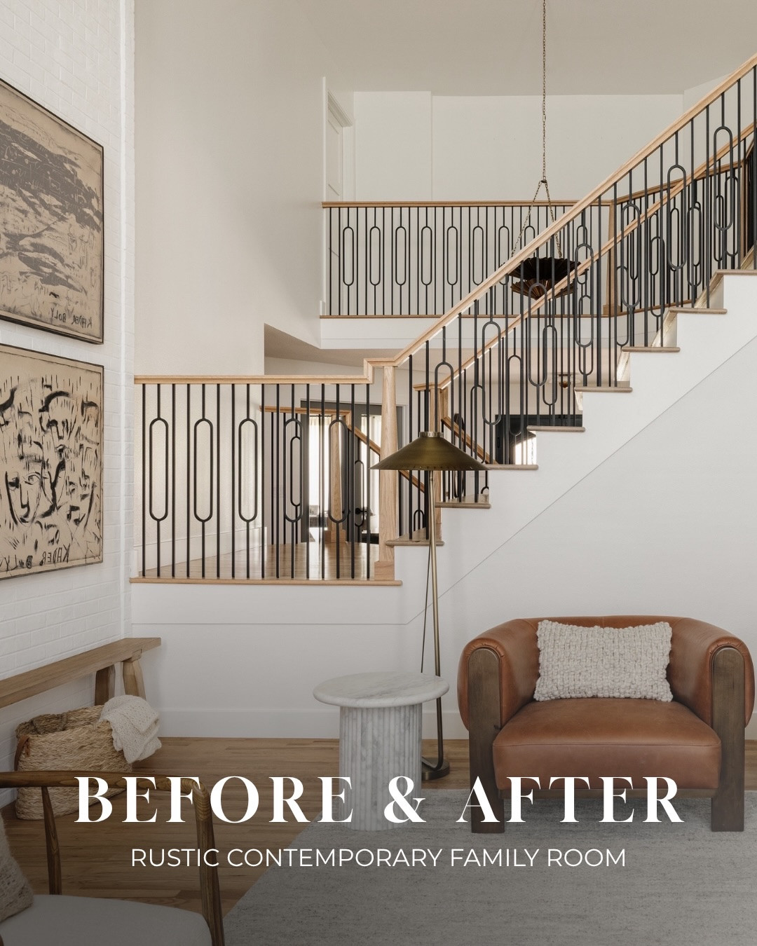 The staircase might be my favorite before-and-after moment in this entire home.

Before, the carpeted stairs, darker wood tones, ornate ironwork, and open railing around the basement stairs made this large space feel heavy and visually busy. Because the staircase is visible from nearly every angle, we knew a surface-level update wouldn’t be enough.

We removed the carpet and replaced the treads and risers, adding warm white oak treads, crisp painted risers, new handrails, and cleaner black ironwork. We also enclosed the open basement stair railing with drywall, simplifying the architecture and giving the entire staircase a much cleaner look.

Was it a big investment? Absolutely. Staircase renovations are rarely the quiet little line item we hope they’ll be! But this one was well worth it because it transformed one of the home’s most prominent architectural features—and improved the function of the surrounding spaces, too.

By enclosing the basement stairs, we gained a defined wall on the opposite side for a console, lamp, and art—creating a true entry moment.

From there, we repeated the black metal and natural wood throughout the family room, helping the staircase, entry, and living spaces feel connected without looking overly coordinated.

The staircase went from something that visually weighed down the the home to a sculptural focal point, and the perfect bridge between the home’s rustic and contemporary elements. 

Design // @peggyhaddadinteriors
Photography // @amandaproudfit 

#peggyhaddadinteriors #ModernRusticDesign #StaircaseDesign #OpenConceptLiving #RusticContemporary DenverInteriorDesigner