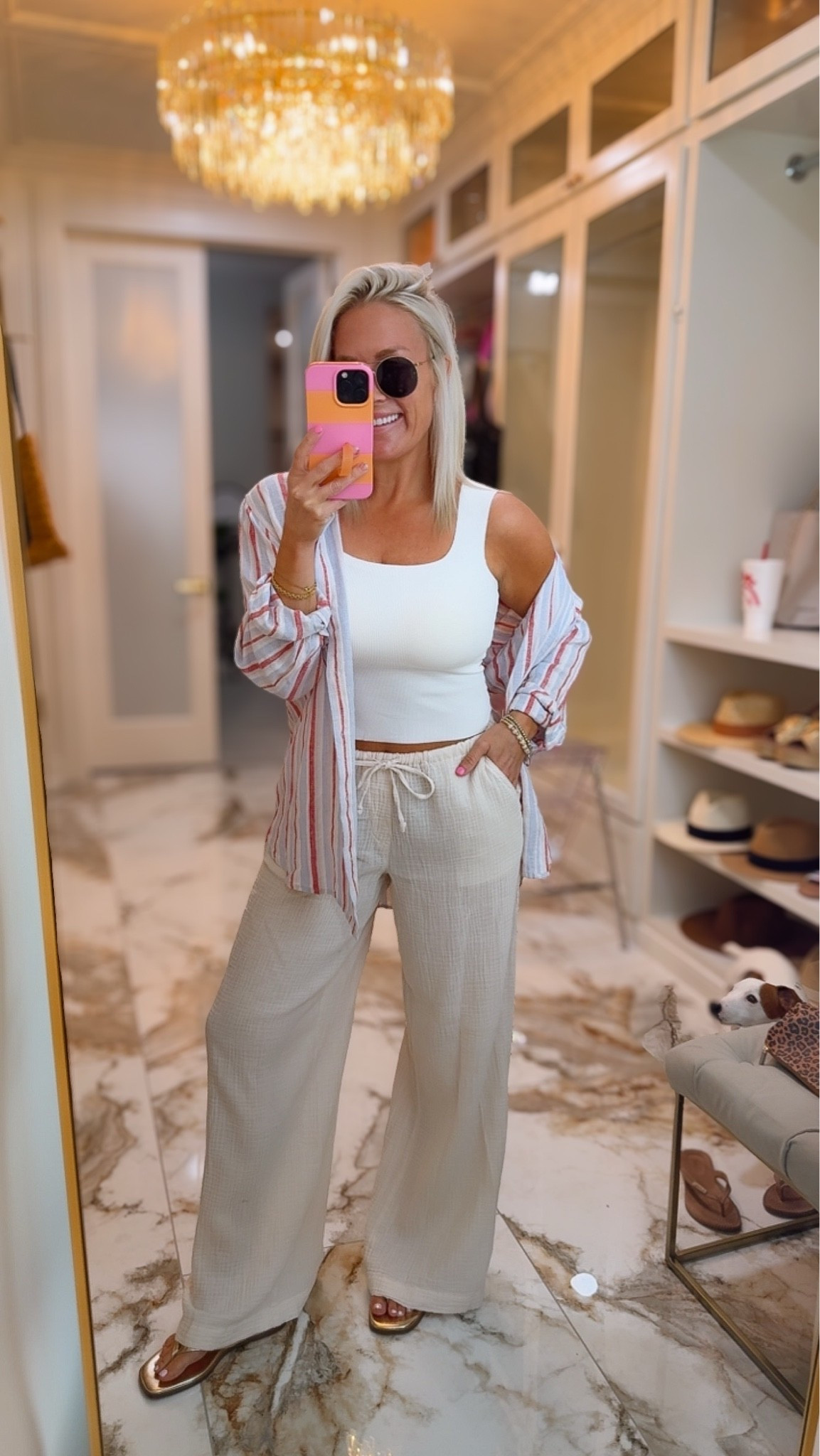 Today’s outfit for last day of school activities and running around town 
Button down - medium 
White linen pants - small