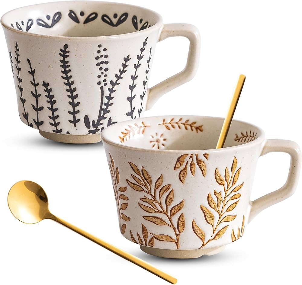 Coffee Mugs, Coffee Cup Set of 2, Ceramic Mug Set 11 oz and Spoons for Home & Kitchen, Embossment... | Amazon (US)