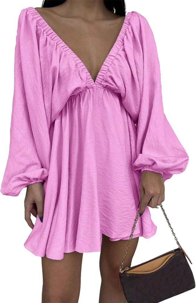 LOFAAC Women Sexy Deep V Neck Puff Long Sleeve Mini Dress Backless High Waist Ruffle Short Dress ... | Amazon (US)