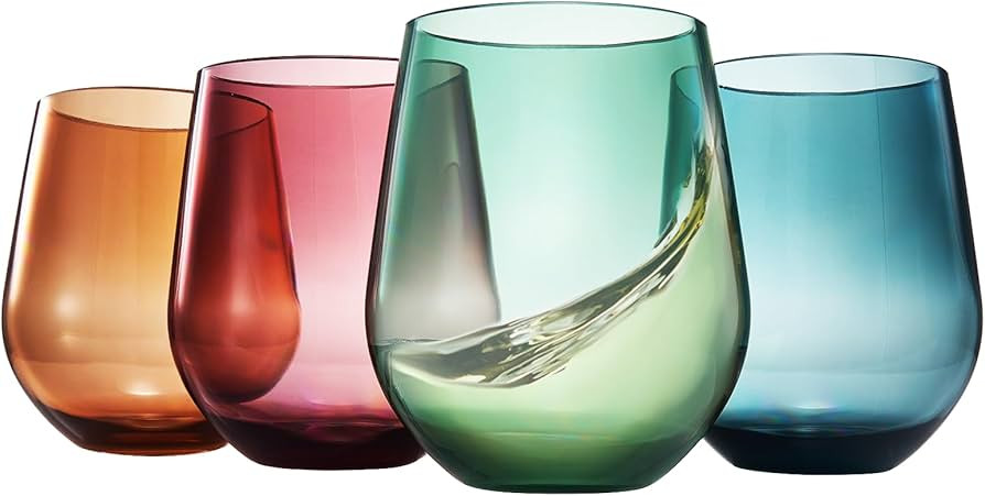 Tritan BPA-Free Plastic Shatterproof Stemless Wine Glasses, - 4 Set - Acrylic Glass Drinkware, Un... | Amazon (US)