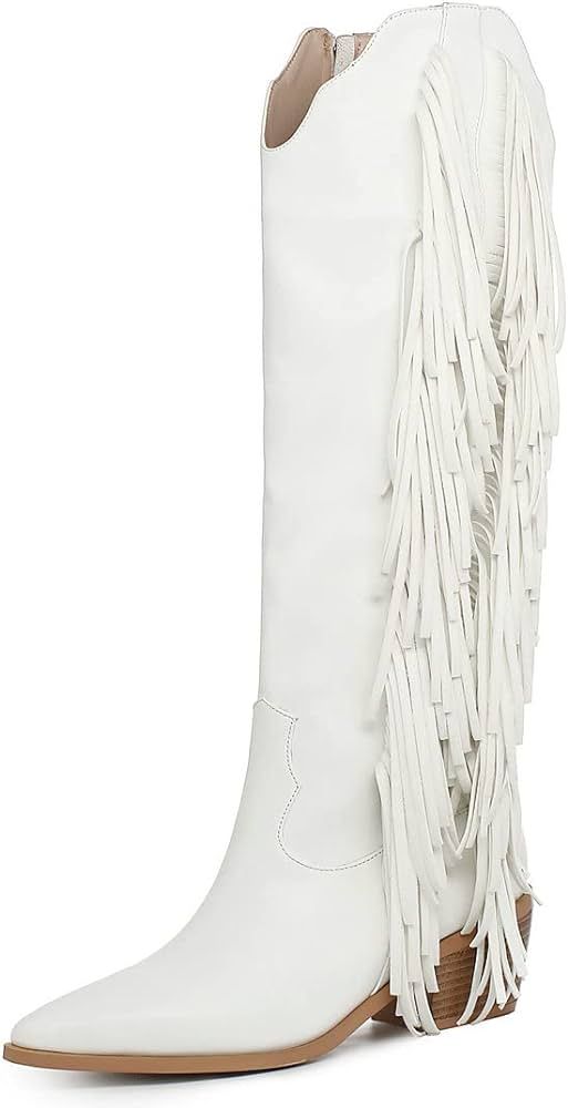 Cowgirl Fringe Boots For Women White Tassels Cowboy Boots Knee High Pointed Toe Western Boots | Amazon (US)