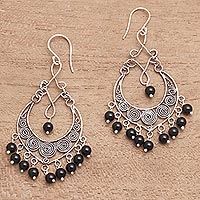 Onyx beaded chandelier earrings, 'Night Beads' | NOVICA