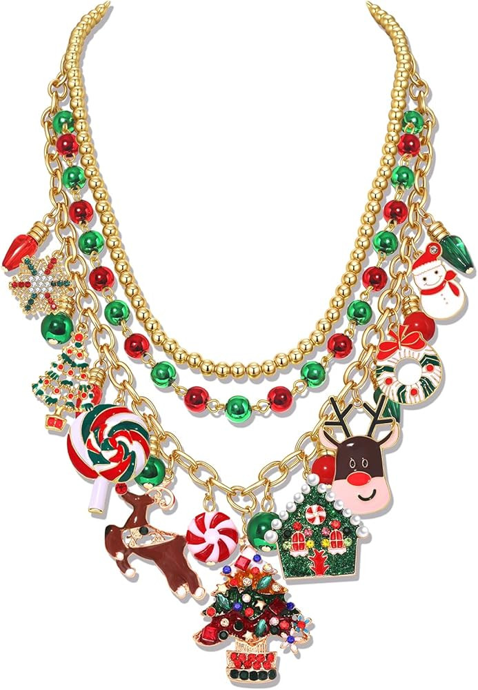 Christmas Layered Necklace for Women Red Green Gold Clay Beads Xmas Tree Snowflake Candy Cane Lol... | Amazon (US)