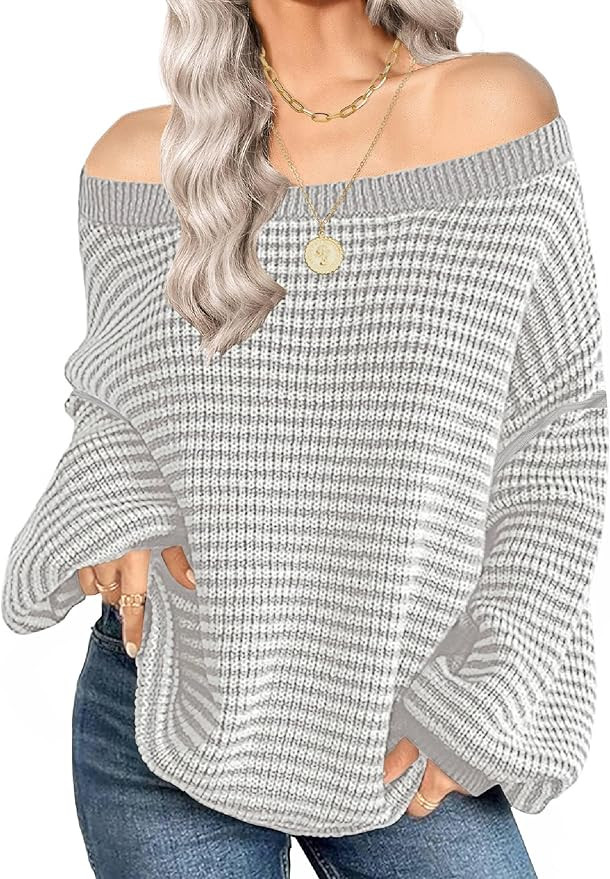 Soesdemo Womens Oversized Sweater Off The Shoulder Crewneck Striped Cute Long Sleeve Knitted Pull... | Amazon (US)