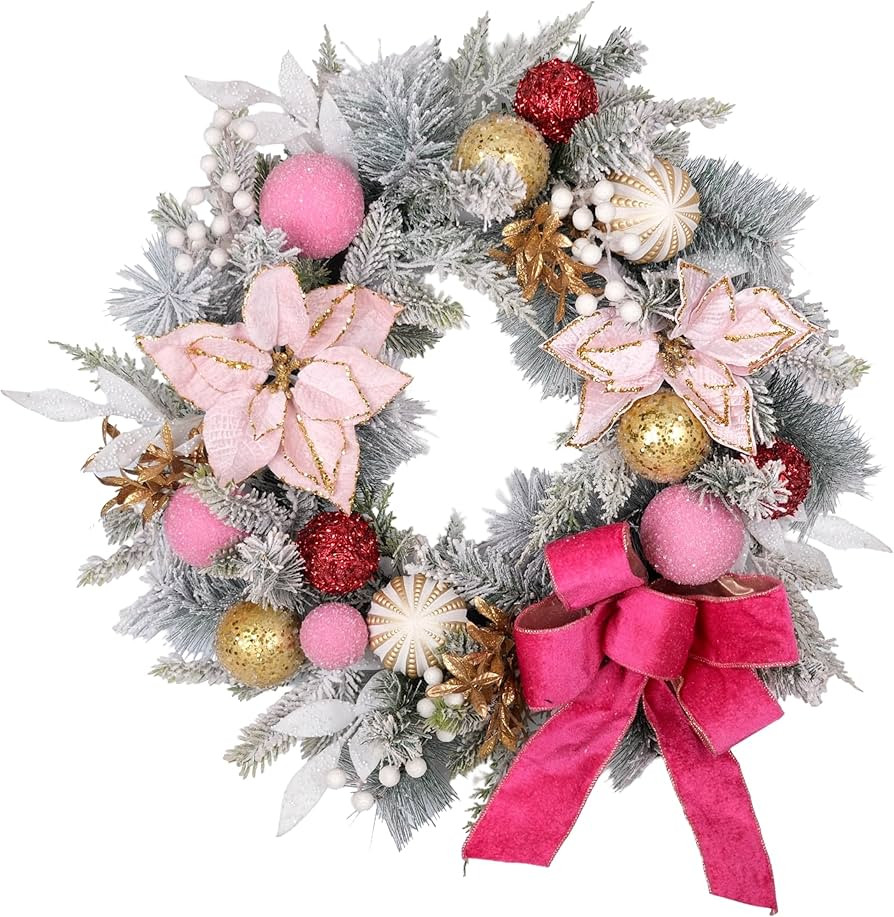 28" Prelit Pink Christmas Wreath for Front Door, Handmade with Faux Flocked Pine Branch Christmas... | Amazon (US)