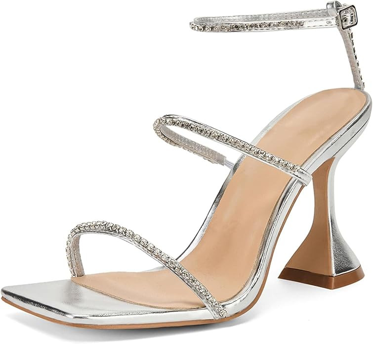 Women's Rhinestone Sandals Lace Up Slingback Square Open Toe Heels Sparkling Sandals with Stilett... | Amazon (US)