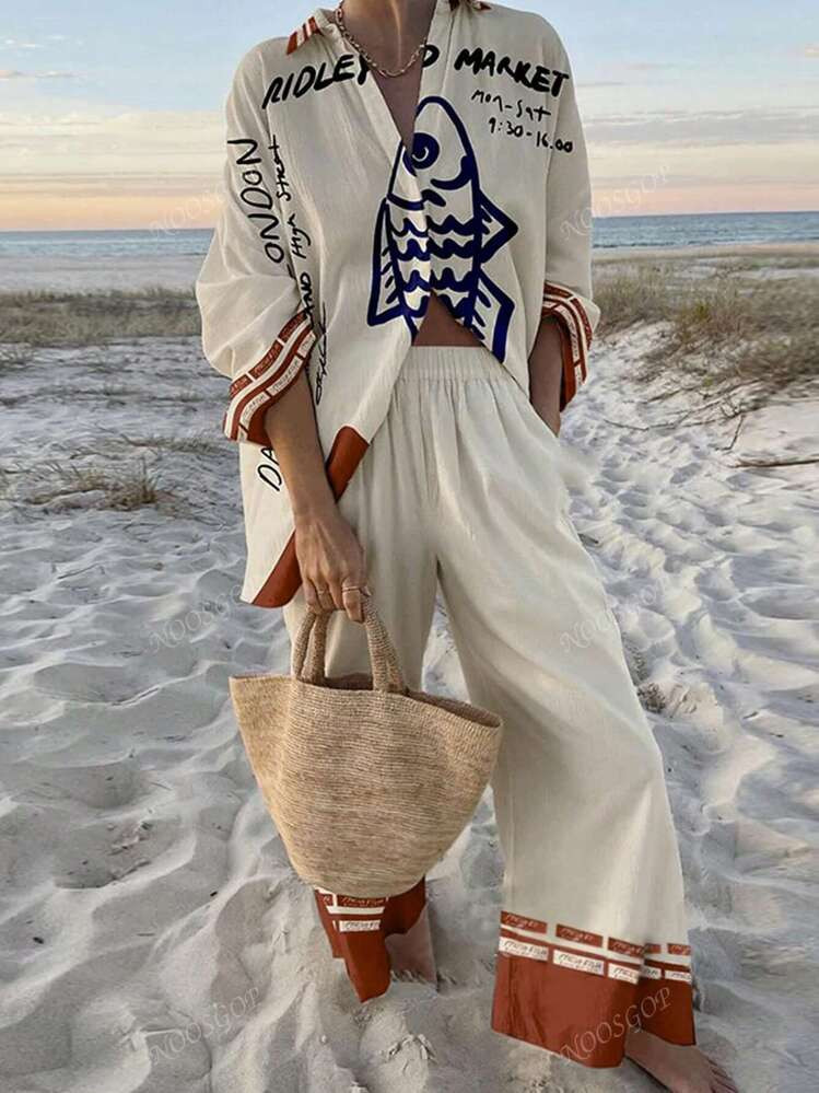Boho Holiday Outfit Women Oversized Fashionable And Casual Spring And Summer Contrasting English Letter Pattern Multi-Ugly Fish Digital Printed Shirt Long-Sleeved Trousers Two-Piece Set | SHEIN