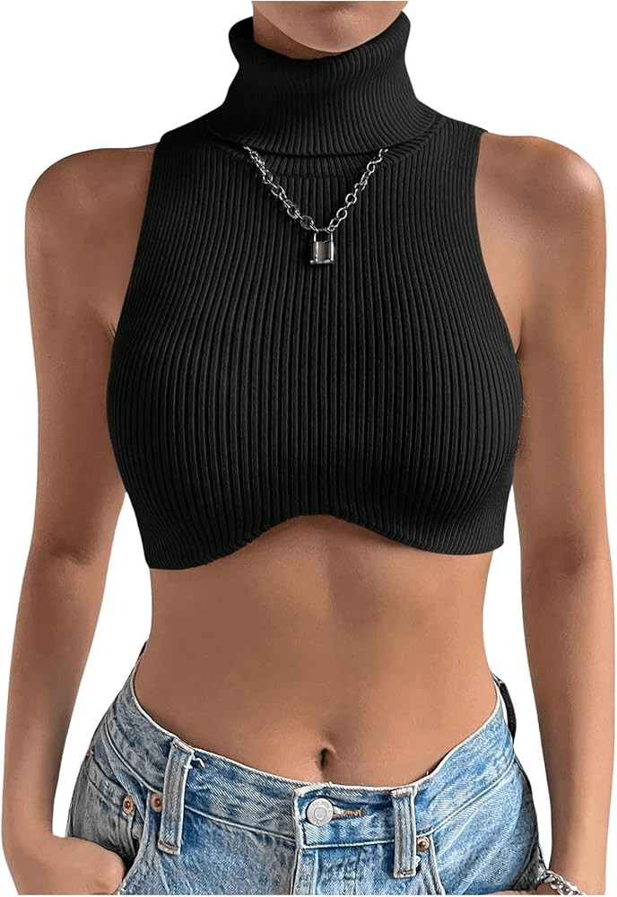 Floerns Women's Solid Sleeveless Ribbed Vest Turtleneck Knitted Crop Tank Top | Amazon (US)