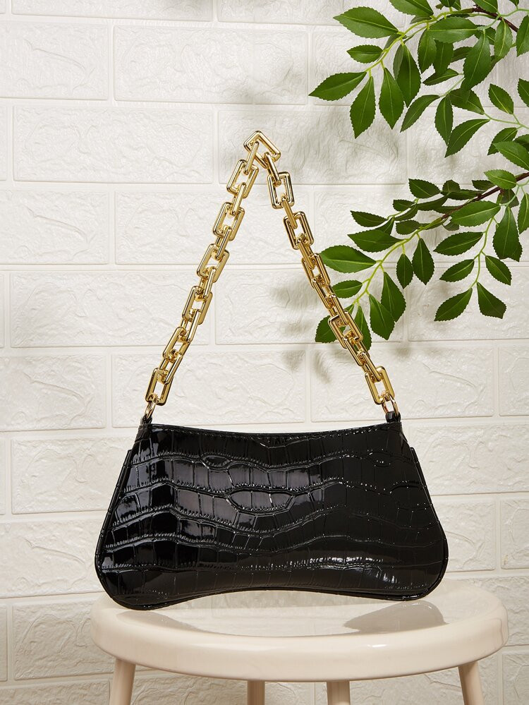 Crocodile Embossed Chain Baguette Bag | SHEIN