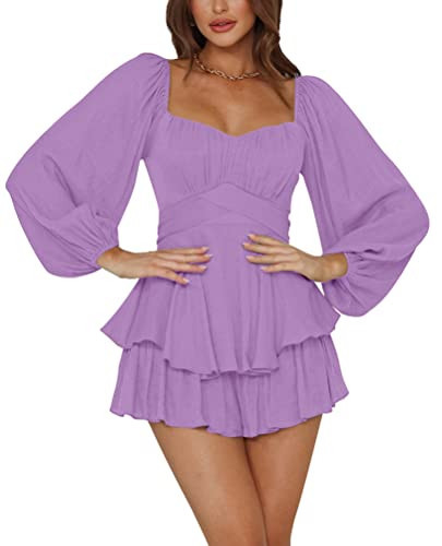 LYANER Women's Jumpsuit Lantern Long Sleeve Ruffle Layer Tie Mini Short Romper Light Purple X-Small | Amazon (US)