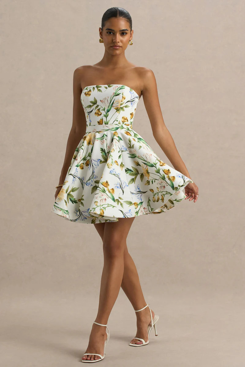 Valerian  Lemon Floral Print Bandeau Mini Dress With Ruffle Hem | Club L London