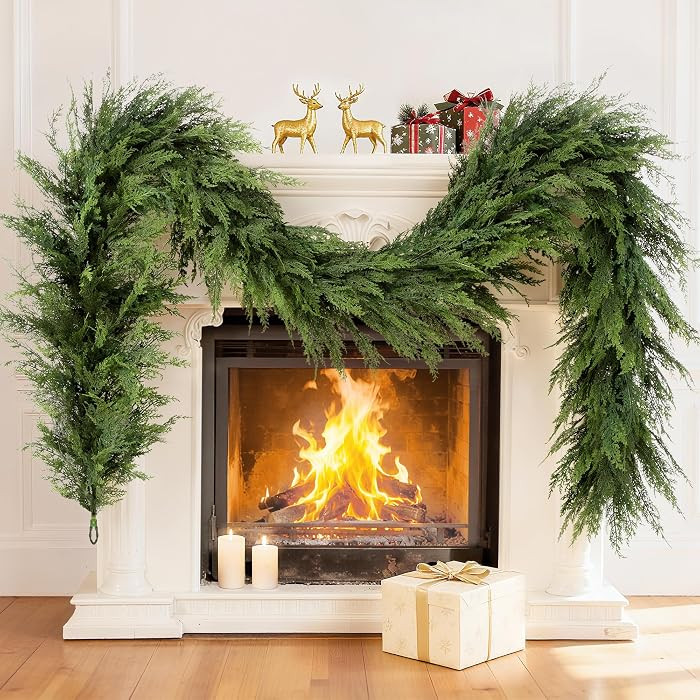 Christmas Garland Real Touch Cedar Garland with Upgraded 240 Branches 9Ft Lush Realistic Cypress Pine Garland for Mantle, Fireplace, Stairs, Door Frame, Table Indoor Outdoor Christmas Decorations | Amazon (US)