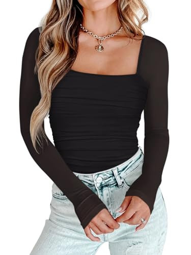 PINKMSTYLE Mesh Square Neck Bodysuit for Women Long Sleeve Shirts Shapewear Corset Top Sexy Country Concert Outfits Black Small | Amazon (US)