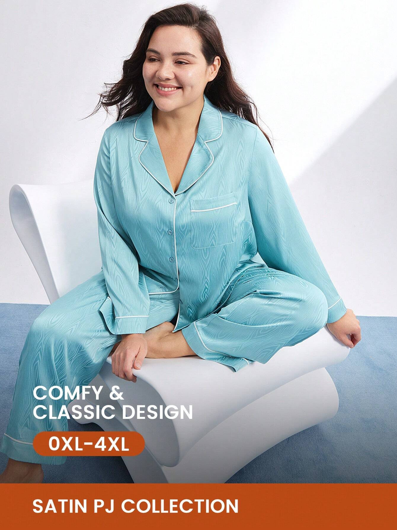 Luvlette Plus Satin Jacquard Long Pajama Set | SHEIN