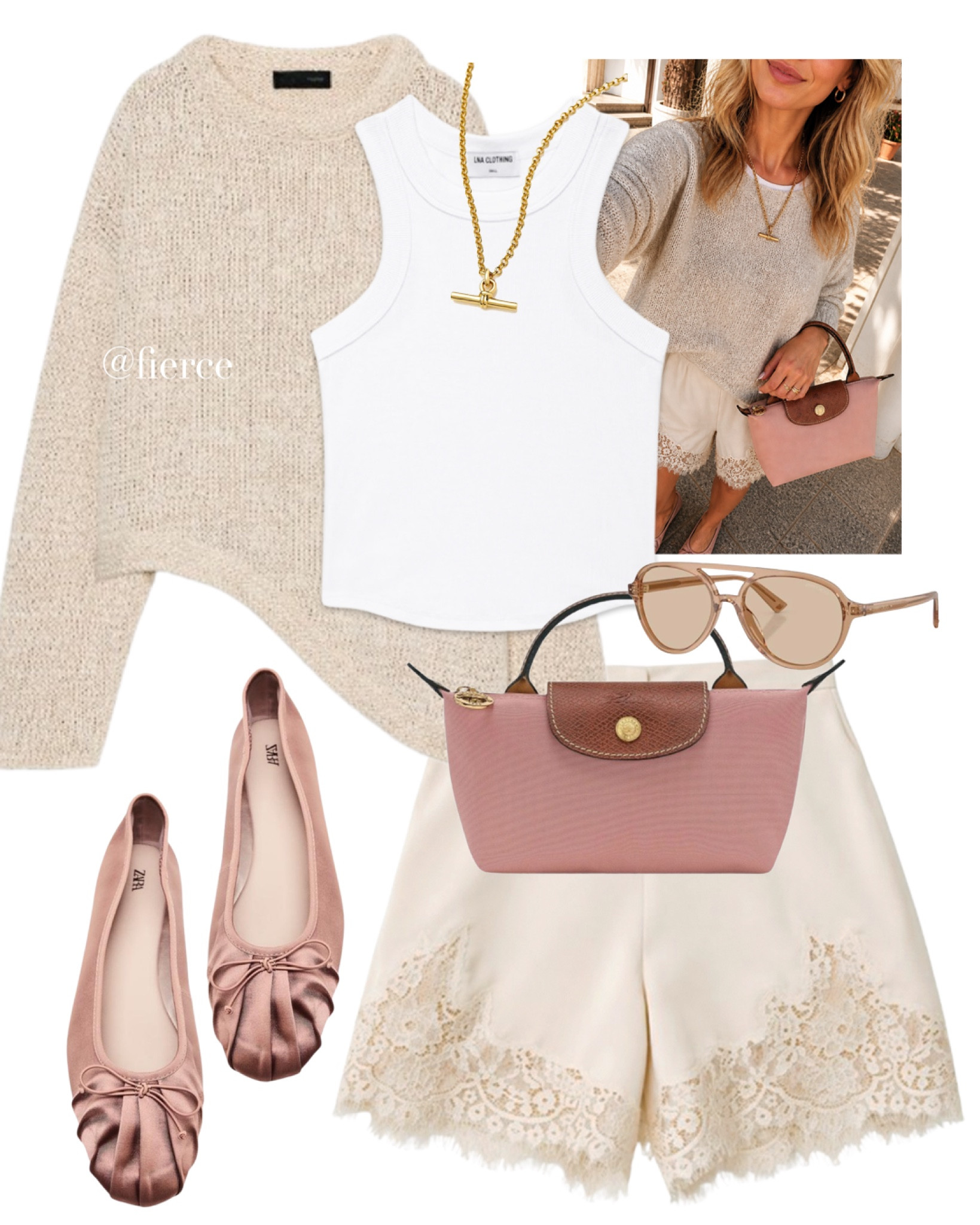 Lace satin shorts Longchamp mini pink bag pink satin ballet flats white tank top asymmetric loose jumper casual chic outfit 

#LTKsummer #LTKuk #LTKspring