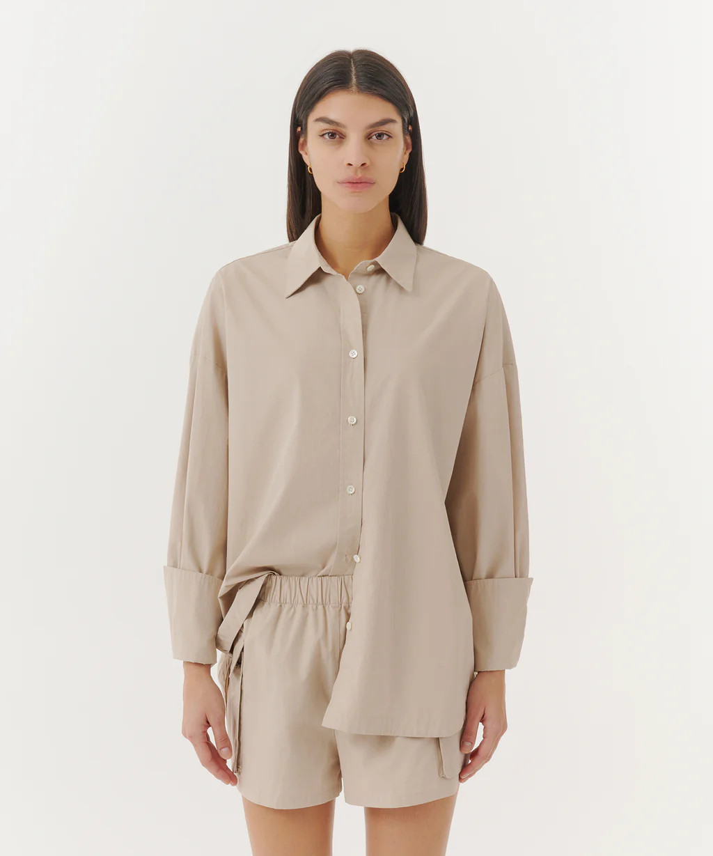 Cotton Poplin Long Sleeve Oversized Shirt - Linen | ATM Collection