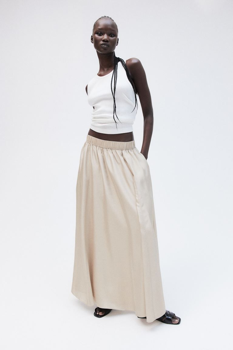 A-line silk skirt - High waist - Long - Light beige - Ladies | H&M GB | H&M (UK, MY, IN, SG, PH, TW, HK)