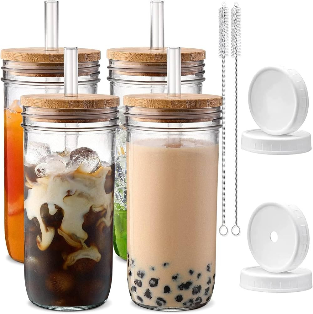 DWTS DANWEITESI Glass Cups with Lids and Straws,24 oz Smoothie Cup with Lid and Straw-Boba Mason ... | Amazon (US)