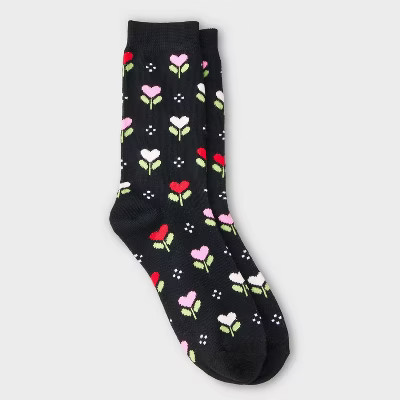 Women's Tulip Hearts Valentine's Day Crew Socks - Black 4-10 | Target