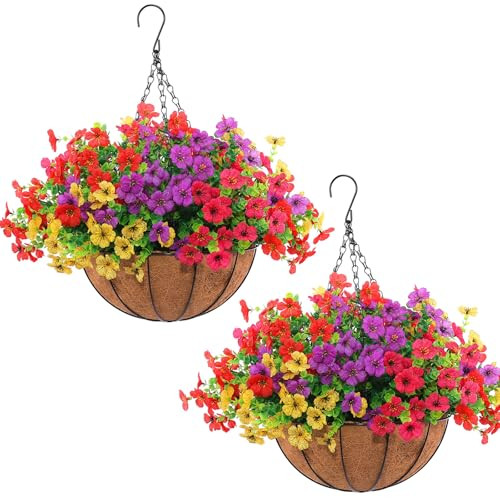 Hananona 2 Set Artificial Outdoor Flowers with Hanging Basket, 2 Hanging Planters with 24 Pcs Flowers for Spring Summer Front Porch Garden Patio Home Decor (2, Red, Purple, Yellow, Rose Red) | Amazon (US)