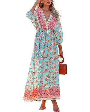 CUPSHE Women's Plunging V Neck Paisley Boho Backless Beach Dress Blouson Sleeve Back Tie Waist Ti... | Amazon (US)
