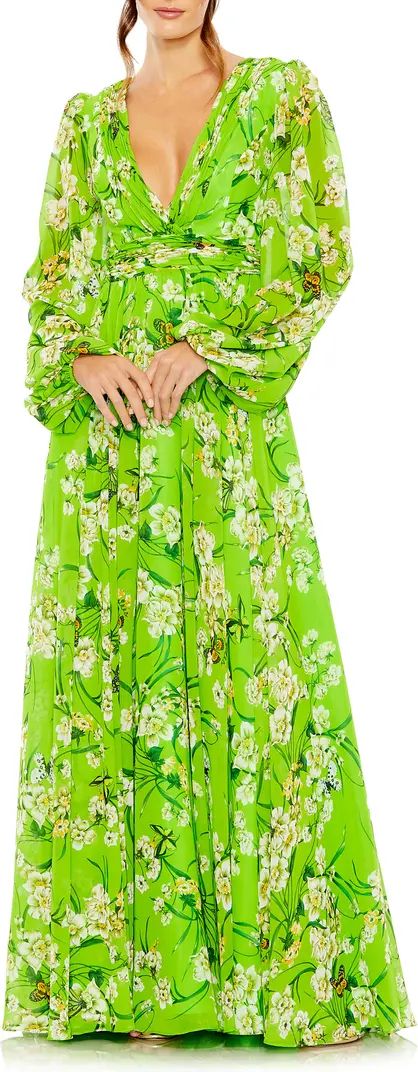 Floral Long Sleeve Chiffon A-Line Gown | Nordstrom