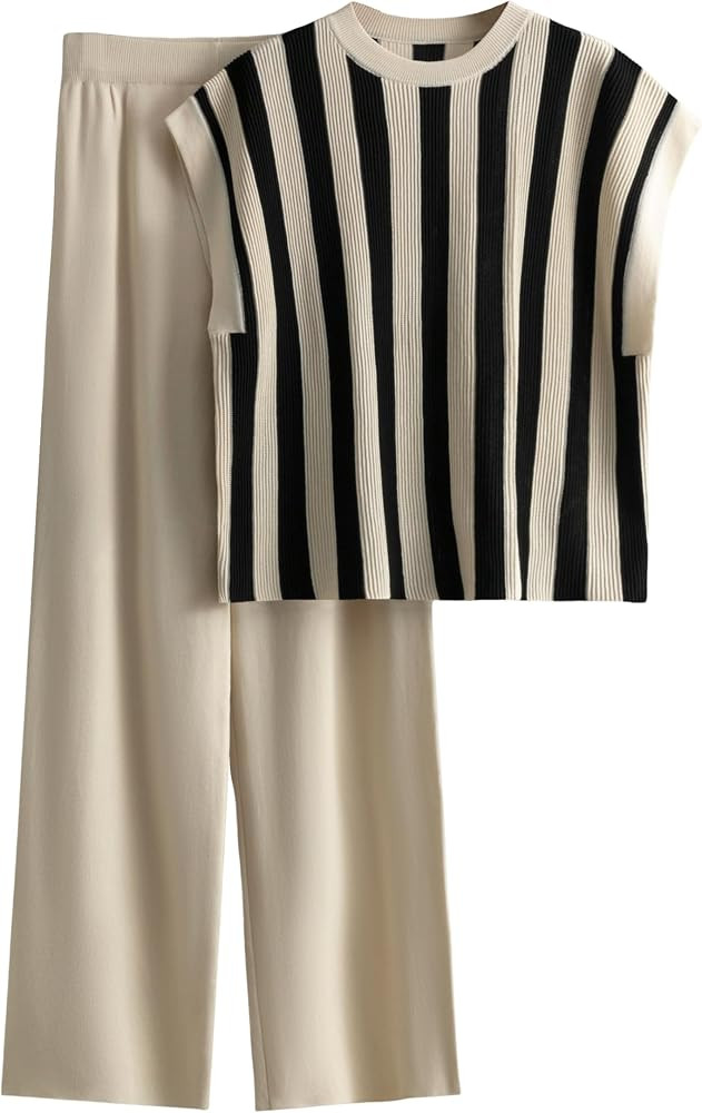 Tanming Womens 2 Piece Outfits Casual Striped Sweater Vest Wide Leg Pants Knit Sweater Set | Amazon (US)