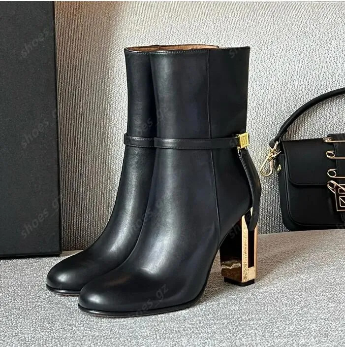 Designer Leather Black Chunky Heel Boots With Block Heel Buckle Decoration And Cut Out Detail   H... | DHGate