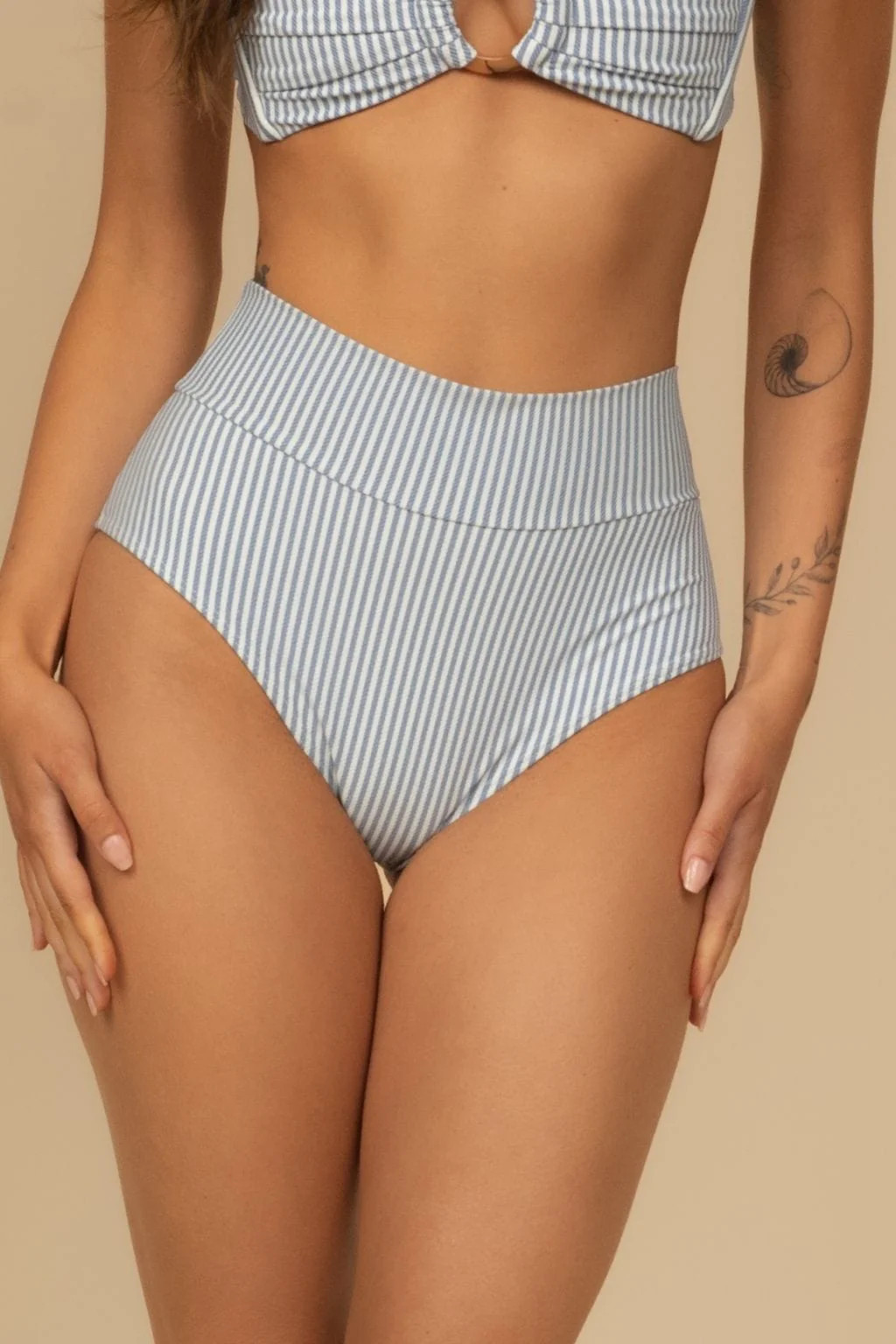 Classic Blue Stripe Added Coverage High Rise Bikini Bottom | Montce