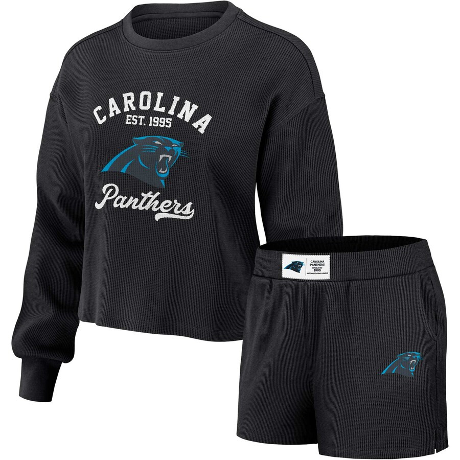 Carolina Panthers WEAR by Erin Andrews Women's Waffle Knit Long Sleeve T-Shirt & Shorts Lounge Se... | Fanatics