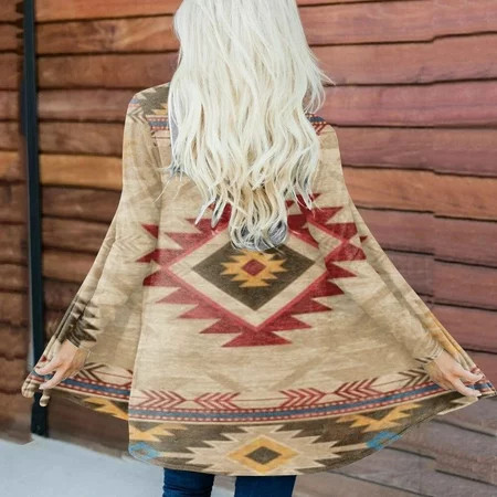Wozhidaoke cardigans for women Womens Western Ethnic Print Retro Casual Aztec Print Long Sleeve Shirt Cardigan Top Coat Khaki L | Walmart (US)