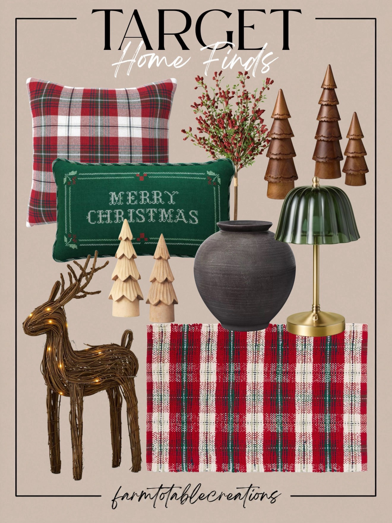 Target Christmas Home Finds | Timeless Holiday Charm 🎄❤️

Create a warm and inviting Christmas home with these gorgeous Target holiday decor finds! 🎄✨ I’m loving the classic combination of festive red plaid, rich evergreen, natural wood tones, and cozy textures. From the charming Merry Christmas pillow and rustic wooden trees to the beautiful greenery, illuminated reindeer, and elegant green accent lamp, every piece brings that timeless Christmas feeling into your home!

These festive finds are perfect for styling a cozy living room, decorating an entryway, or creating a beautiful holiday console table display. The traditional plaid textiles, vintage-inspired accents, and natural wood details give your space that collected, designer-inspired Christmas look that feels both nostalgic and effortlessly elegant! ❤️🌲

Follow @farmtotablecreations on Instagram for more cozy home finds and trending decor.

#LTKHome #LTKHoliday #TargetFinds #TargetHome #TargetChristmas #TargetHolidayDecor #ChristmasDecor #HolidayHomeDecor #TraditionalChristmas #ClassicChristmas #CozyChristmas #ChristmasPillows #ChristmasPlaid #ChristmasTrees #HolidayStyling #ChristmasHomeInspo #RusticChristmas #DesignerInspired #CozyHome #HolidayFinds