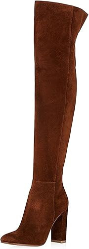 FSJ Women Over The Knee Chunky High Heels Stretch Thigh High Zipper Long Boots Shoes Size 4-15 US | Amazon (US)