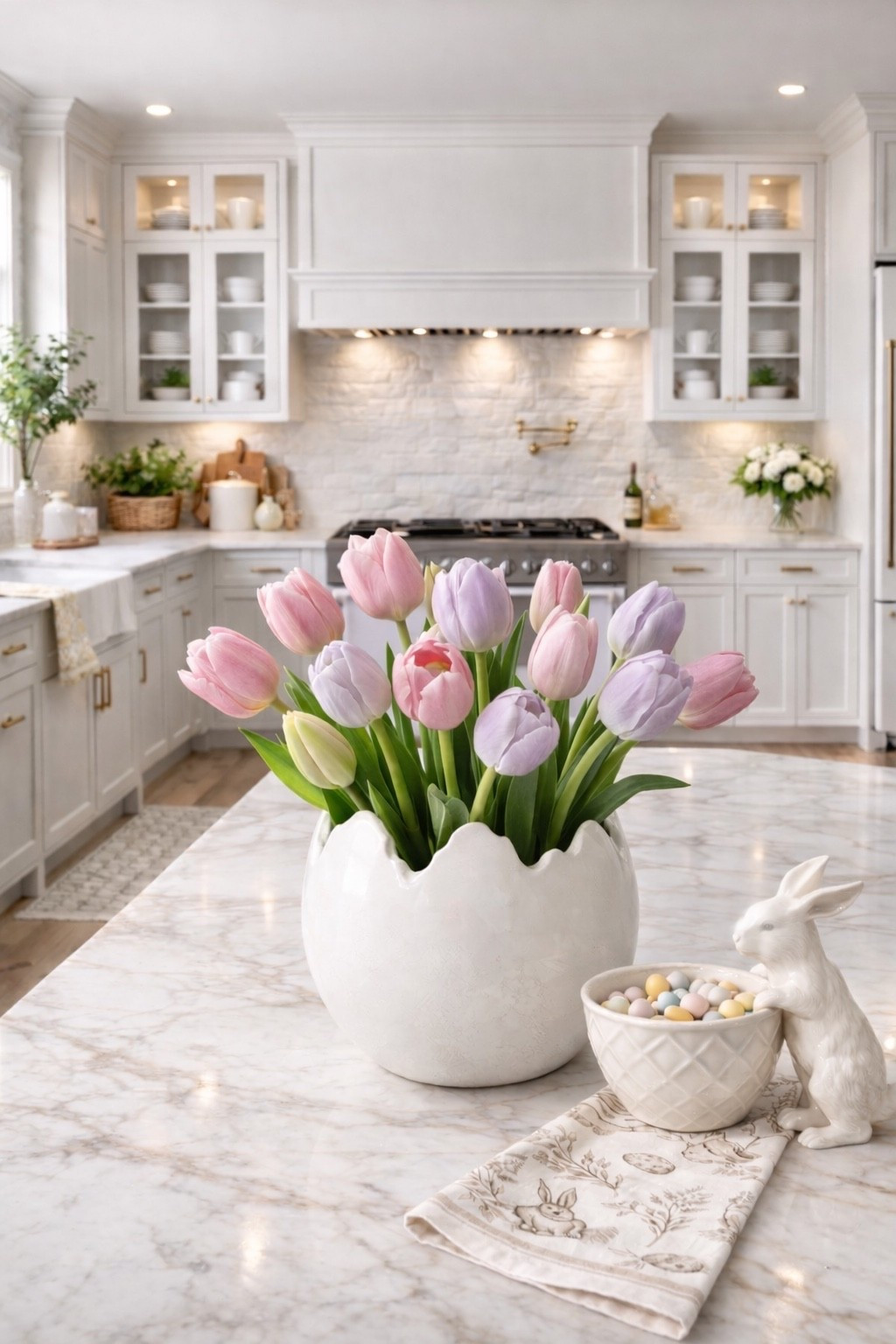 Easter Kitchen Island Styling with Tulips & Egg Vase

Follow @farmtotablecreations on Instagram for more neutral, high-end looks for less 🤍

A simple spring refresh for the kitchen island 🌷🐣 The cracked egg ceramic vase adds the perfect seasonal touch while still keeping the space elevated and neutral. Soft pink and light lavender tulips bring in just enough color without overwhelming the warm tones of the kitchen.

The monochromatic bunny candy dish adds subtle Easter charm, and everything layers beautifully against the marble for a clean, polished look. Fresh, timeless, and easy to recreate.

#easterdecor #kitchendecor #springdecor #tulips #ceramicvase #kitchenisland #marblecountertops #neutralhome #bunnydecor

#LTKSeasonal #LTKSaleAlert #LTKHome