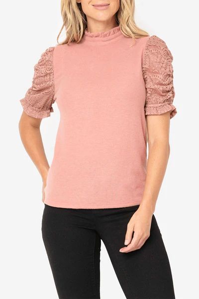 Cinched Lace Sleeve Knit Top | Gibson