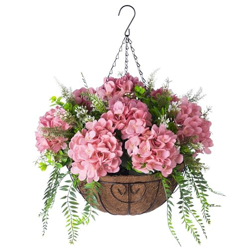 Artificial Hanging Hydrangea Flowers with Basket for Outdoor Spring Decoration, Fake Silk Hydrangea Flower Outdoor Indoor Arrangements, Fake Hanging Plants for Balcony Garden Yard Decor(Champagne) | Amazon (US)