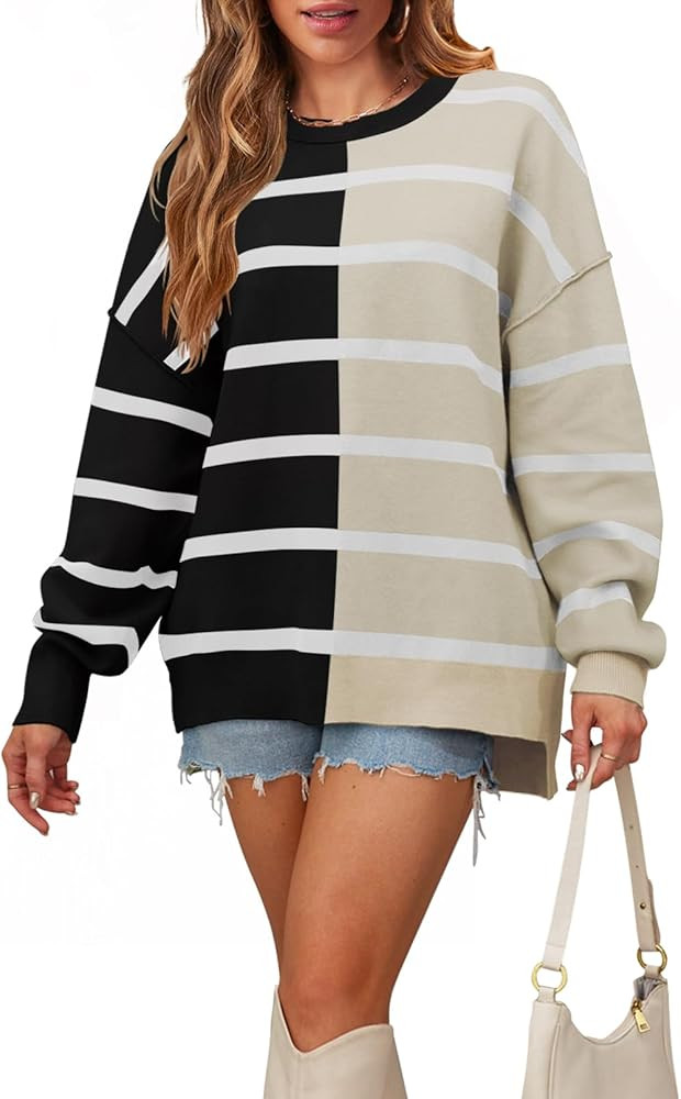 MEROKEETY Women's 2023 Striped Oversized Sweater Long Sleeve Color Block Casual Knit Pullover Top | Amazon (US)