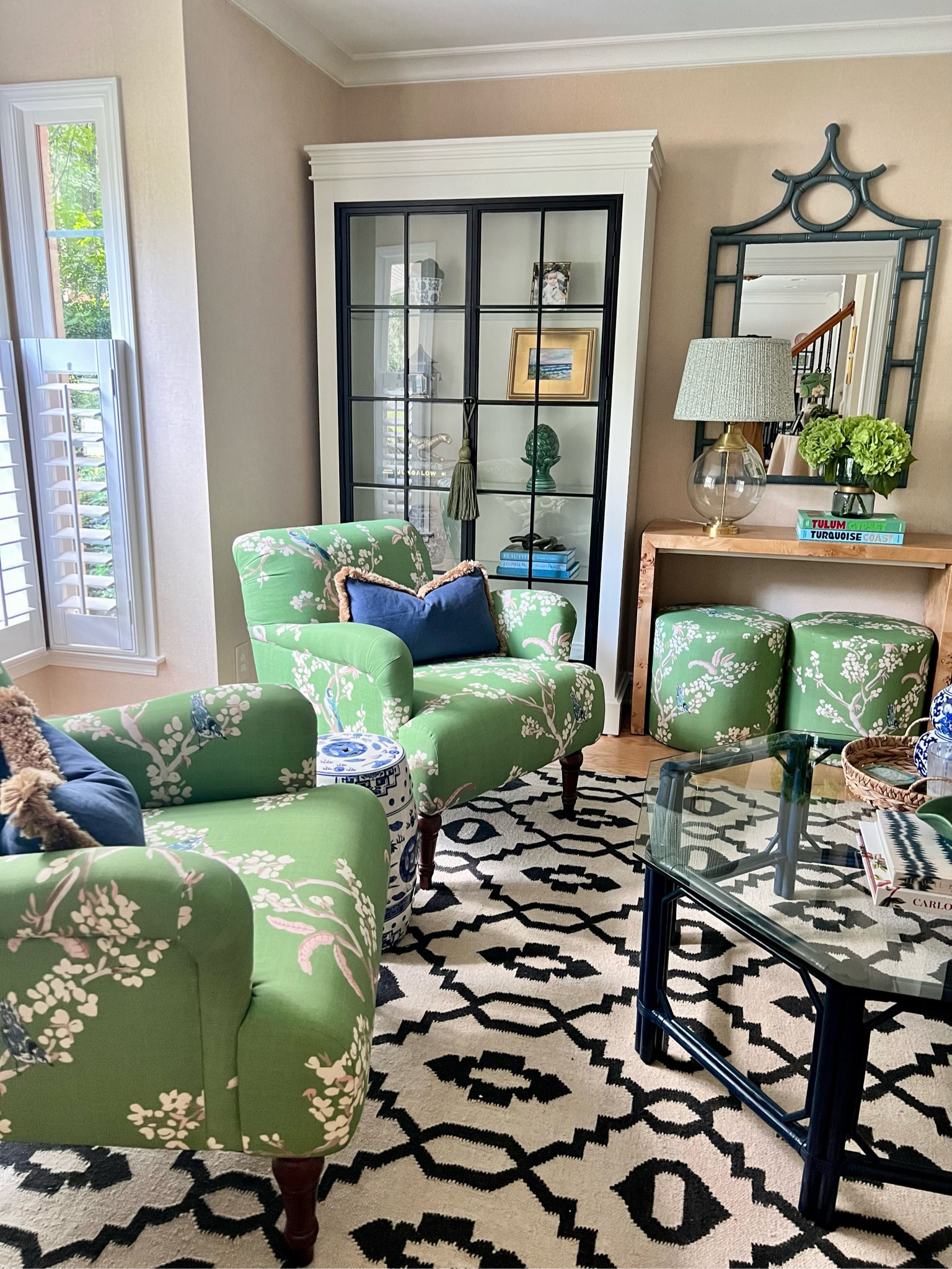 The Inside, custom furniture, chinoiserie, grandmillennial, green accent chairs, chinoiserie stools, Ballard Designs, Target, living room  inspo, patterned lamp shade, garden stool, burlwood console, design on a dime, pagoda mirror, dhurrie rug, black and tan rug, pattern play

#LTKhome #LTKunder100 #LTKSale
