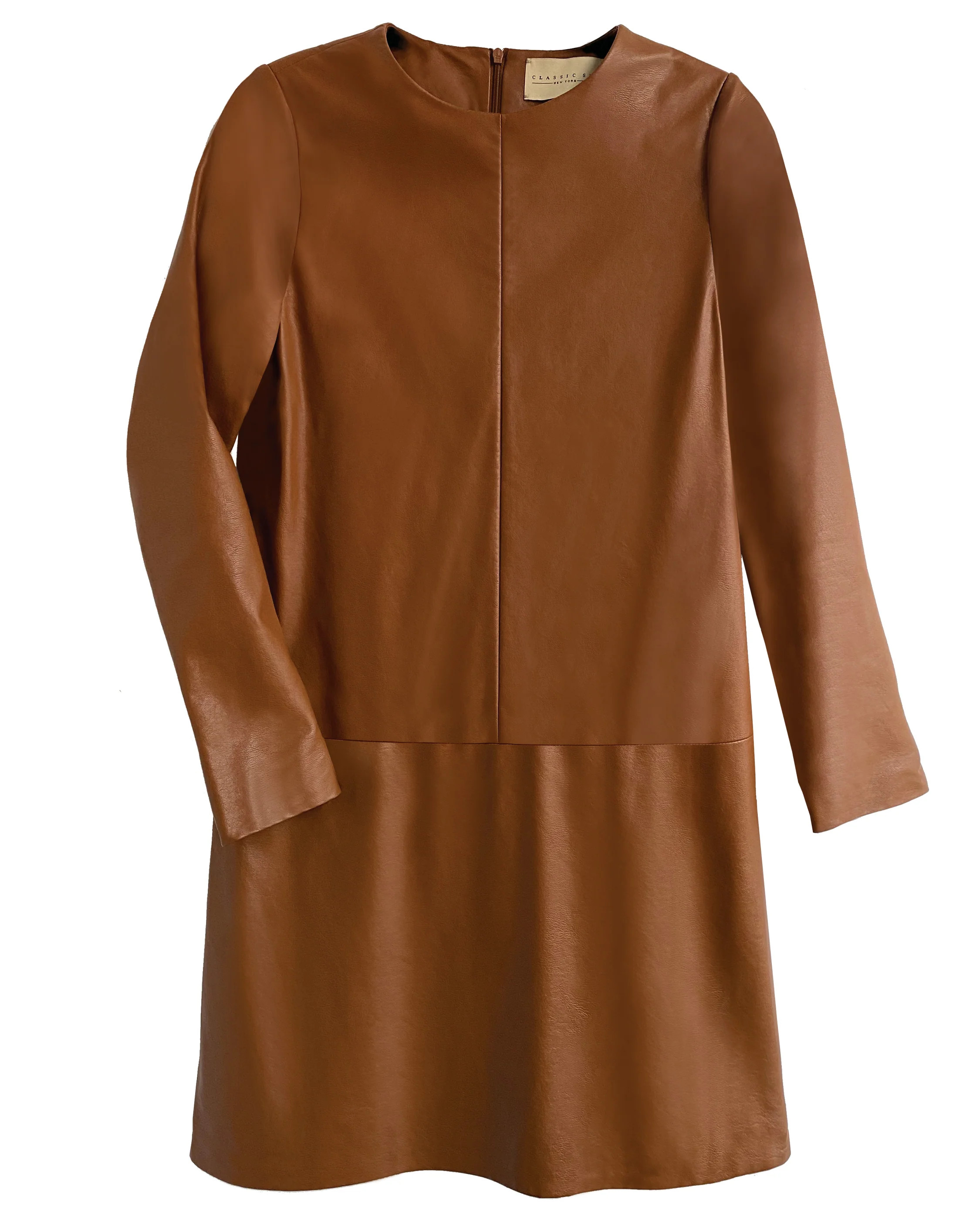 Twiggy Shift Dress in Caramel Faux Leather | Classic Six