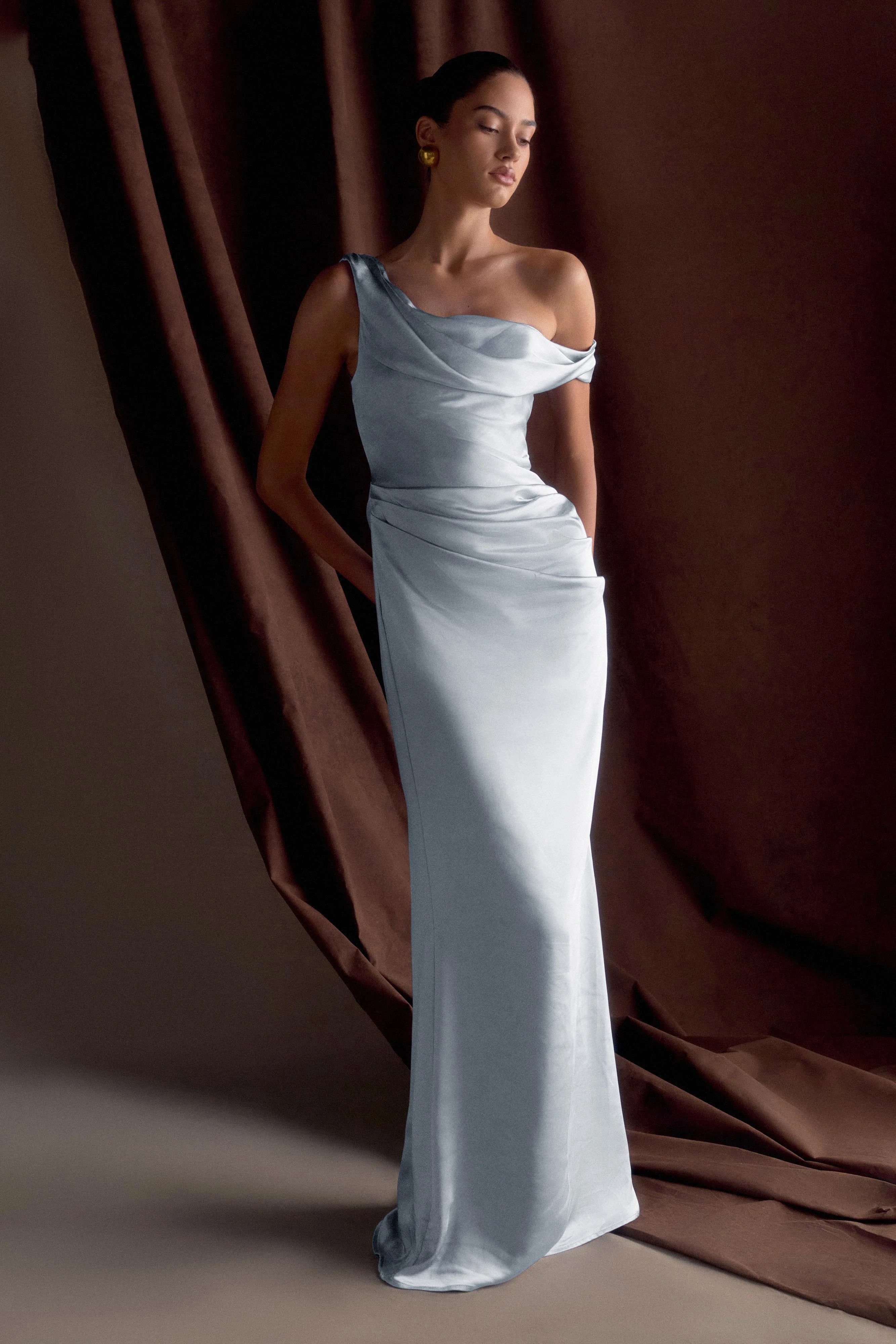 Dalia Off Shoulder Satin Maxi Dress - Frosted Blue | Meshki UK
