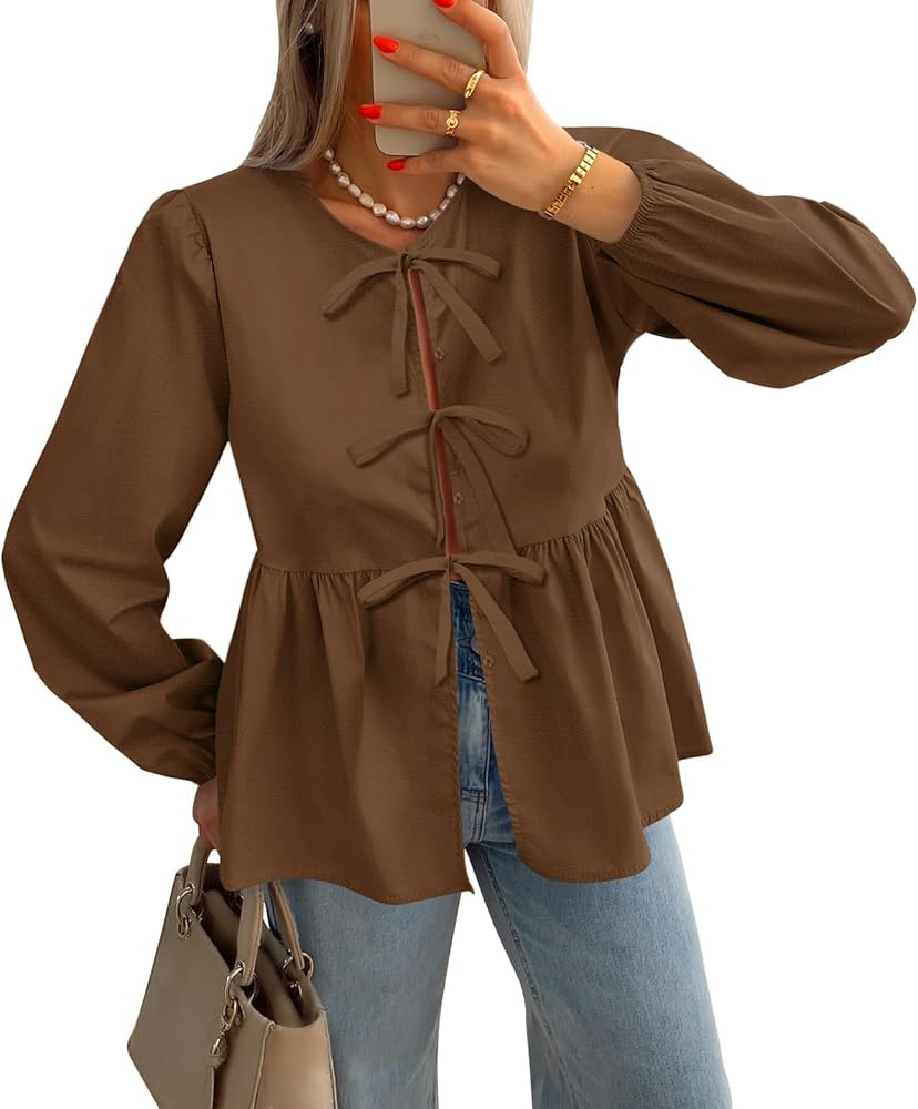 ZESICA Womens Tops Tie Front Long Puff Sleeve Button Peplum Babydoll Cute Shirts 2024 Fall Fashio... | Amazon (US)