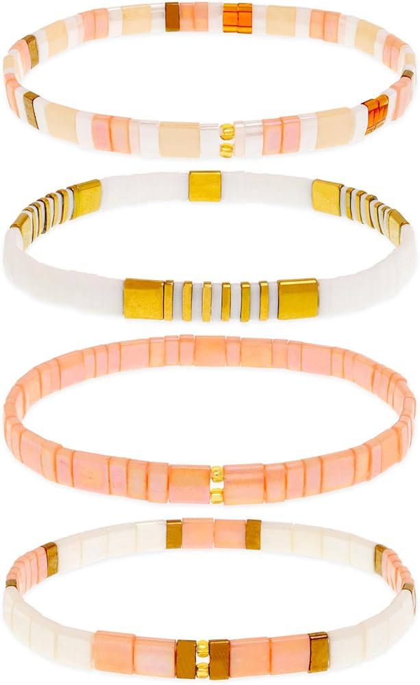 Juego de pulseras planas con cuentas Tila para mujer, 4 piezas de pulseras el\u00e1sticas con cue... | Amazon (US)