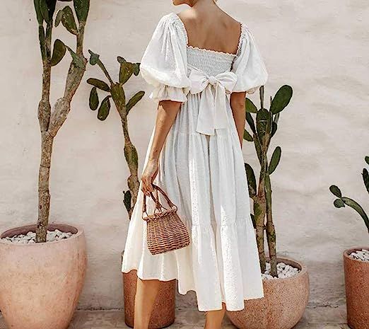 R.Vivimos Women's Summer Cotton Plaid Puff Sleeves Bow Casual Off-Shoulder Boho Midi Dress | Amazon (US)