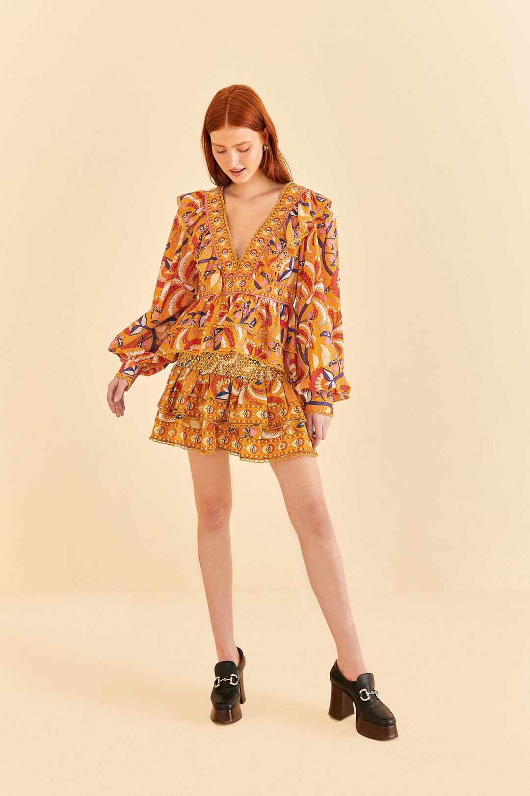 Yellow Palms Party Ruffle Blouse | FarmRio (US)