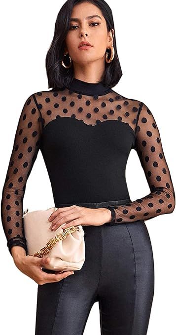 SOLY HUX Women's Sheer Mesh Polka Dots Long Sleeve Slim Fit Top Blouse | Amazon (US)