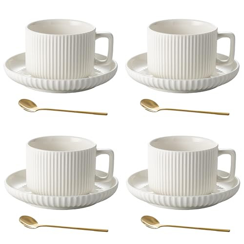 AYUCIA 8 Ounce Cappuccino Cups Set of 4, Latte Mugs with Saucers and Spoons, White Cream Ceramic Coffee Mugs Tea Cups for Cappuccino Latte Mocha Au Lait Macchiato Cafe | Amazon (US)